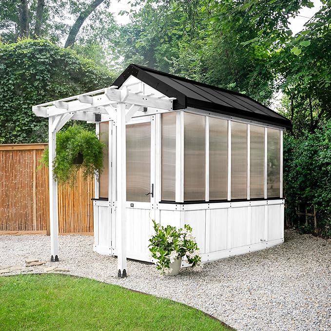 Backyard Discovery Bellerose 9' x 6' White Cedar Wood and Polycarbonate Walk-in Greenhouse Kit with Pergola, Exhaust Fan, Window, Hose Hook-Ups, PowerPort, Staging Shelves for Outdoor Gardening