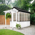 Backyard Discovery Bellerose 9' x 6' White Cedar Wood and Polycarbonate Walk-in Greenhouse Kit with Pergola, Exhaust Fan, Window, Hose Hook-Ups, PowerPort, Staging Shelves for Outdoor Gardening