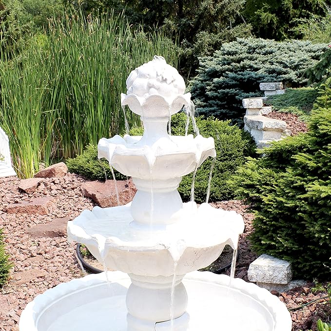 Sunnydaze 52-Inch 3-Tier Outdoor Water Fountain with Fruit Top - Large Outdoor Water Feature for Garden, Patio, Yard or Balcony - White