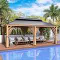 HAPPATIO 12' x 20' Hardtop Gazebo, Outdoor Wood Grain Aluminum with Galvanized Steel, Patio Double Roof Permanent Metal Gazebo Canopy with Netting and Curtains for Backyard, Patio, Deck (Brown)