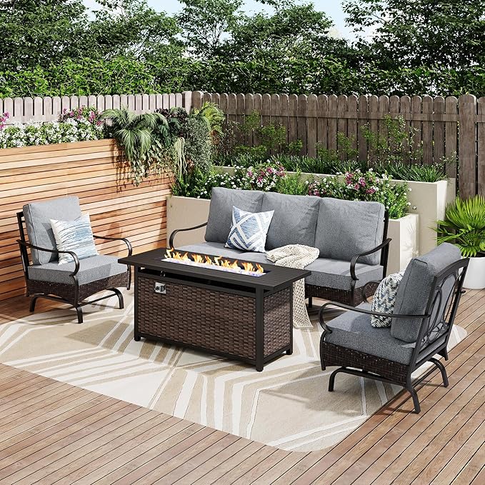 PHI VILLA Patio Furniture Set with 56" Fire Pit Table, Premium Outdoor Wicker Metal Frame Furniture with Upgraded Waterproof Thick Cushions for Porch, Poolside, Deck, and Yard （4 Pieces,Grey