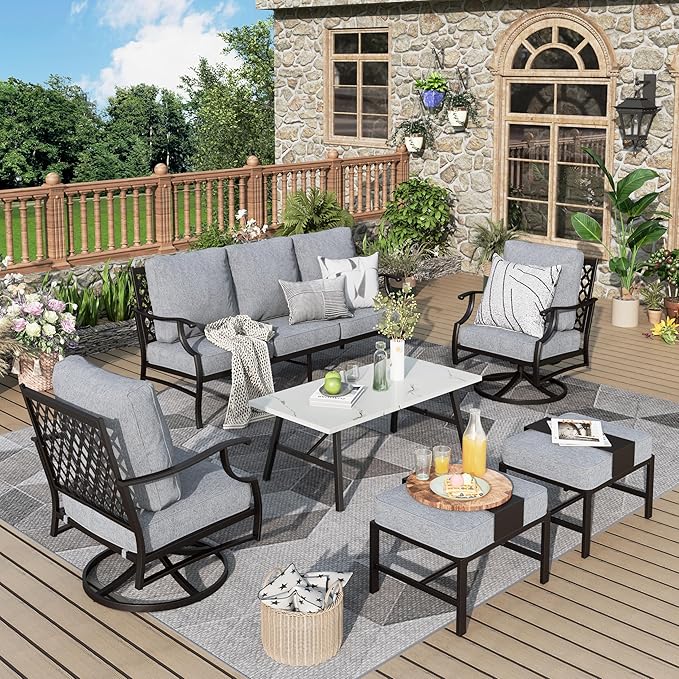 Patio Furniture Set 6 pcs, Outdoor Patio Furniture, 3-Seat Sofa, 2 Swivel Chairs, 2 Ottomans, Coffee Table and 5.75" Extra Thick Cushion, Patio Conversation Set for Garden Backyard Deck,Grey