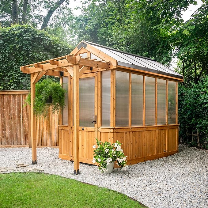Backyard Discovery Bellerose 9' x 6' Cedar Wood and Polycarbonate Walk-in Greenhouse Kit with Pergola, Exhaust Fan, Windows, Hose Hook-Ups, PowerPort, Staging Shelves for Year-Round Outdoor Gardening