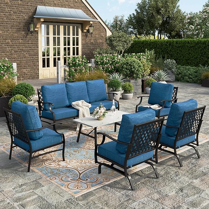 HERA'S HOUSE Outdoor Chairs Set of 2, 2 x Patio Chair with Pacific Blue Cushions, All Weather Outdoor Furniture for Lawn Garden Backyard Deck(Rocking Chairs)