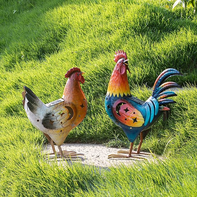 Natelf Solar Rooster Hen Yard Decorations Outdoor Metal Yard Decor Animal Chickens Yard Art for Garden Decor, Lawn Ornament for Porch Backyard Patio Coop Kitchen, Housewarming Gift, Set of 2
