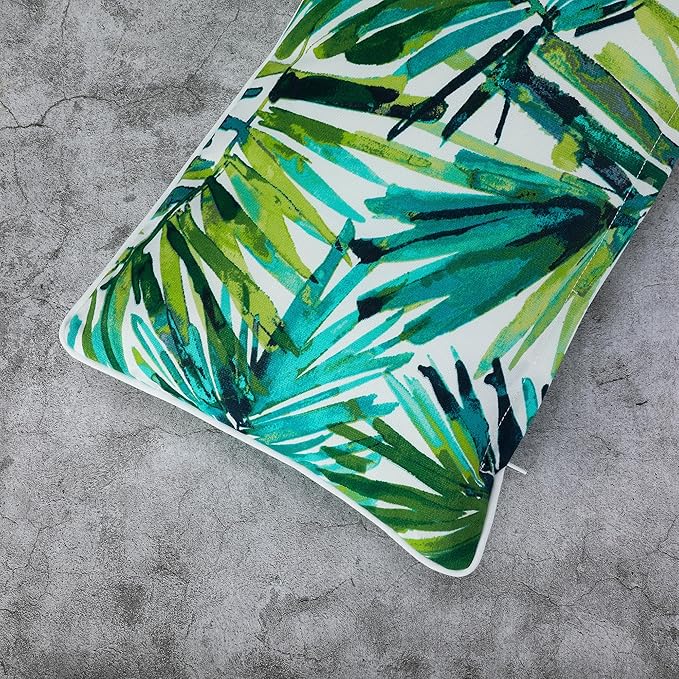 Magpie Fabrics Patio Lumbar Pillow Covers ONLY 20"x12", Set of 2, Outdoor Indoor Cushion Cases Decorative Throw Rectangular Pillowcase Shell for Couch Garden - Green Palm Leaves