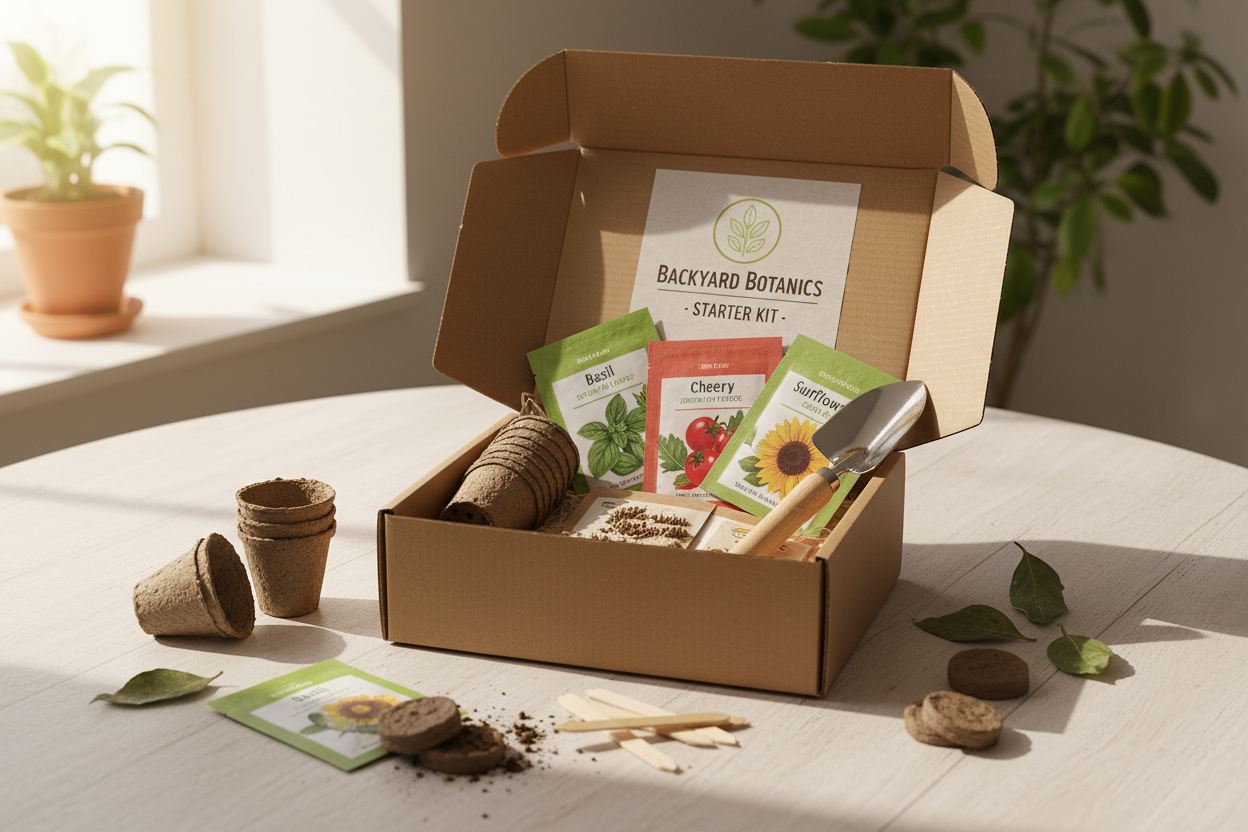 A neatly arranged unboxing scene on a light wood table: a Backyard Botanics starter kit with open box showing seed packets, peat pots, soil discs, bamboo marker, and a small trowel. Warm, inviting lifestyle photo.