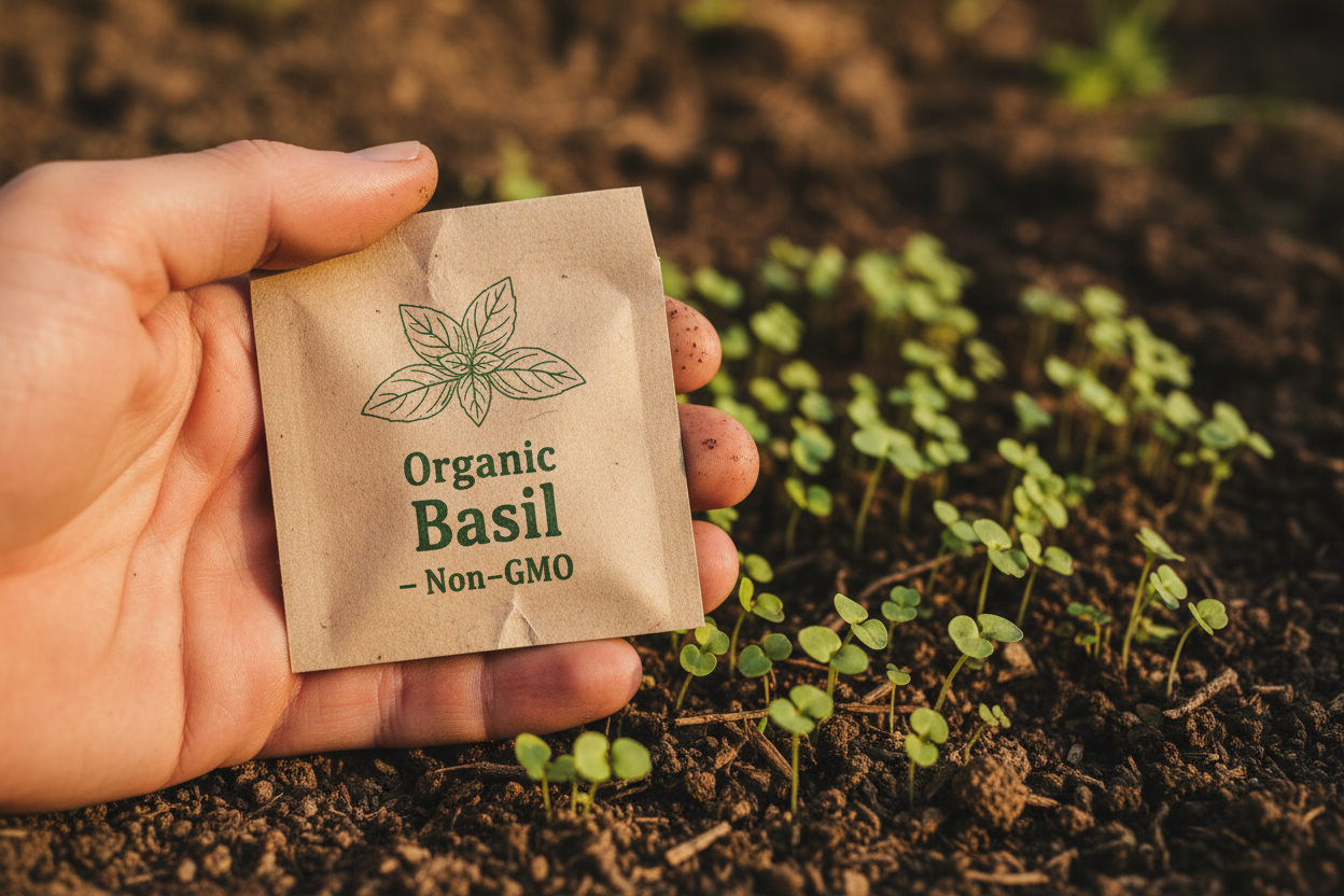 Close-up of hand holding a small paper seed packet labeled “Organic Basil – Non-GMO” against a backdrop of soil and sprouting seedlings. Soft natural light, earthy tones, clean and minimal styling.